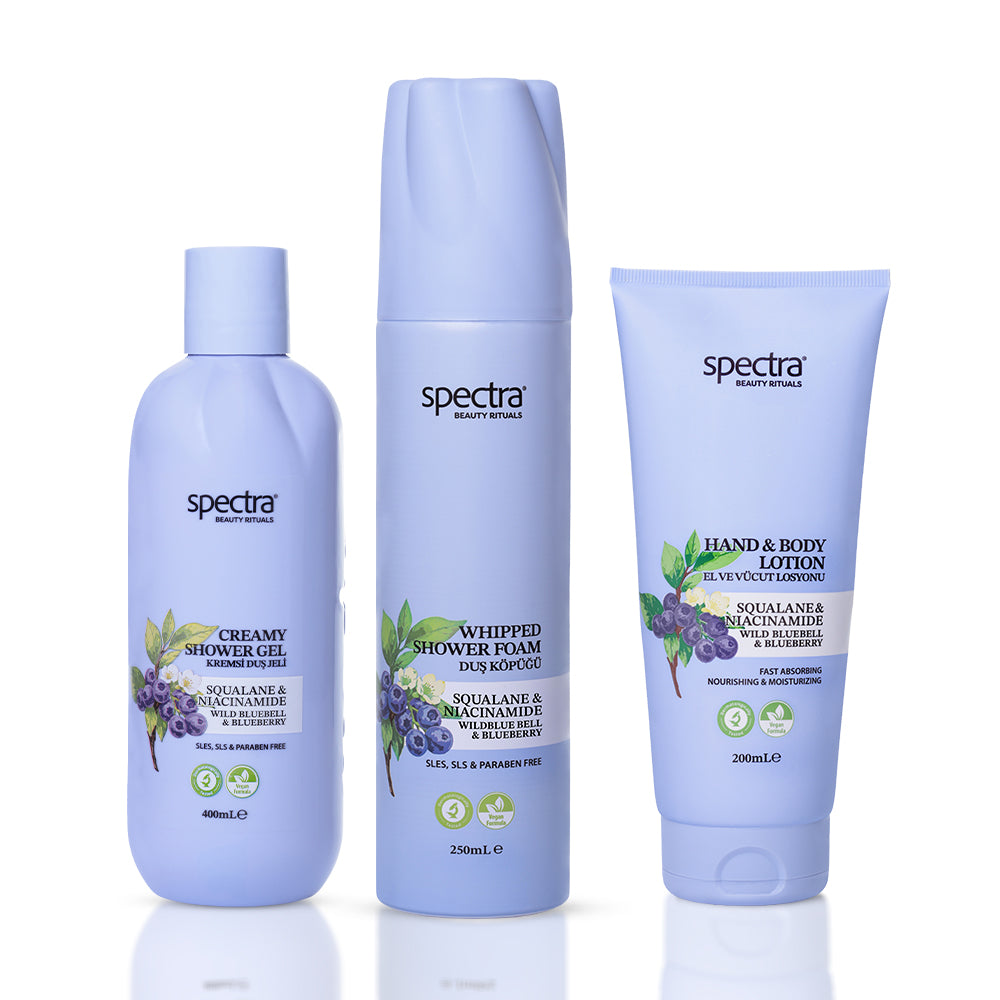 Blueberry & Wild Bluebell 3'lü Vegan Bakım Seti, Duş Köpüğü + Duş Jeli + Vücut Losyonu - 1
