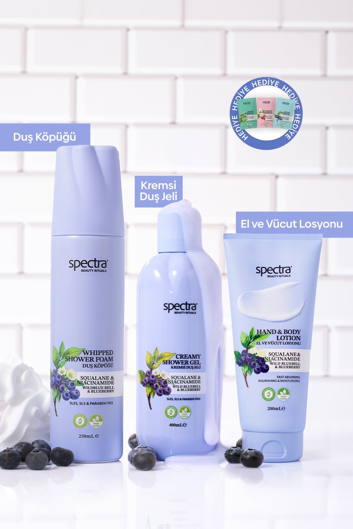 Blueberry & Wild Bluebell 3'lü Vegan Bakım Seti, Duş Köpüğü + Duş Jeli + Vücut Losyonu - 3