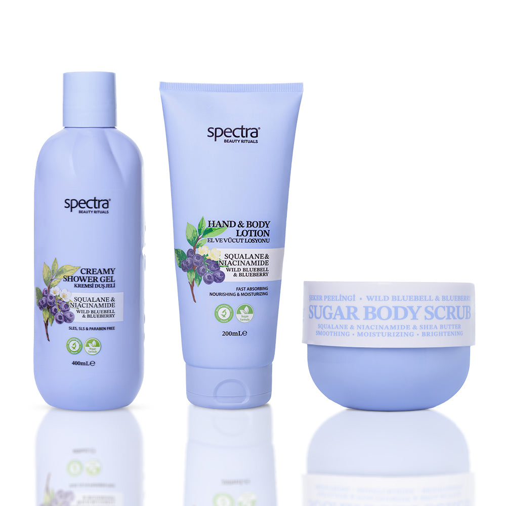 Blueberry & Wild Bluebell 3'lü Vegan Set, Duş Jeli + Şeker Peelingi + Vücut Losyonu - 1