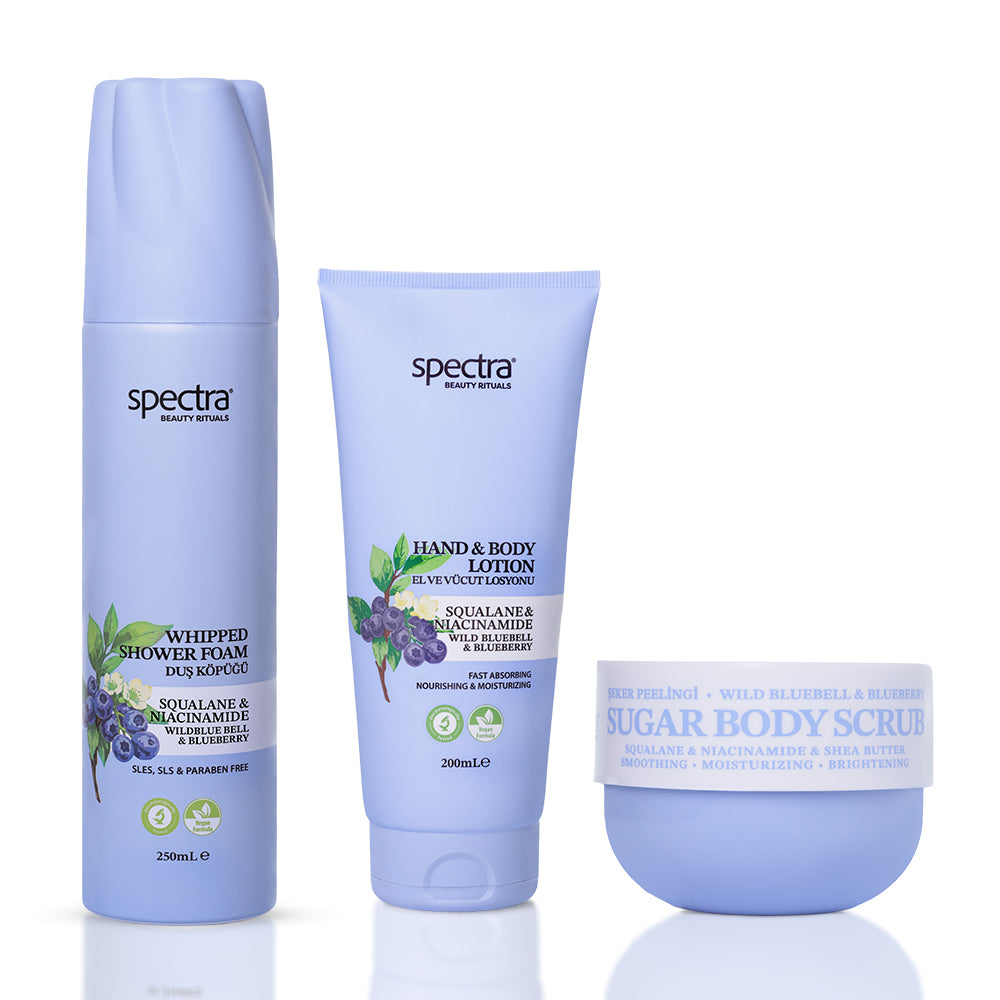 Blueberry & Wild Bluebell 3'lü Vegan Set, Duş Köpüğü + Şeker Peelingi + Vücut Losyonu - 1