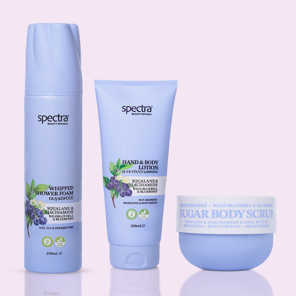 Blueberry & Wild Bluebell 3'lü Vegan Set, Duş Köpüğü + Şeker Peelingi + Vücut Losyonu - 2