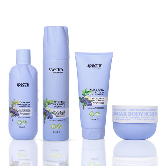 Blueberry & Wild Bluebell 4'lü Vegan Set, Köpük + Duş Jeli + Şeker Peelingi + Losyon - 1