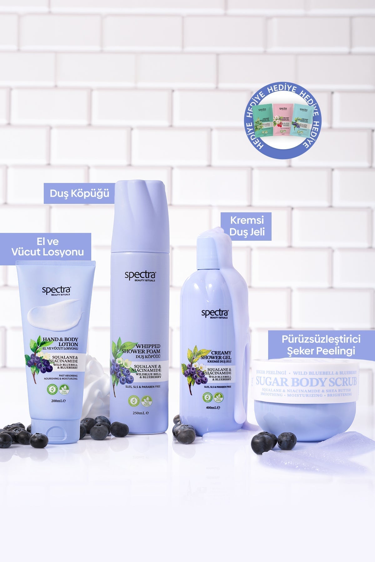 Blueberry & Wild Bluebell 4'lü Vegan Set, Köpük + Duş Jeli + Şeker Peelingi + Losyon - 3