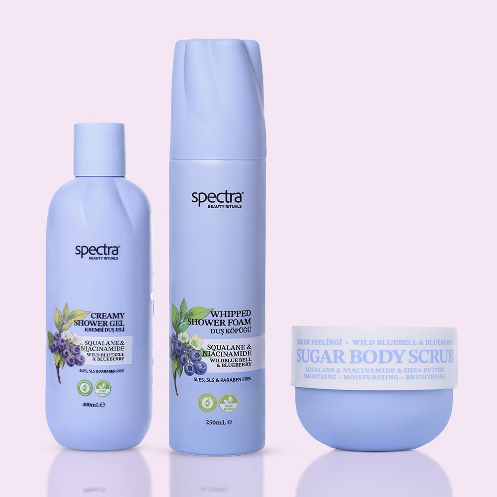 Blueberry&Wild Bluebell 3'lü Bakım Seti - Duş Köpüğü & Duş Jeli & Şeker Peelingi