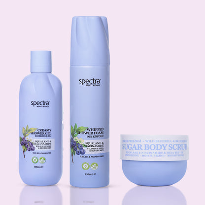 Blueberry&Wild Bluebell 3'lü Bakım Seti - Duş Köpüğü & Duş Jeli & Şeker Peelingi