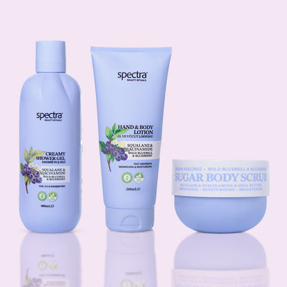 Blueberry&Wild Bluebell 3'lü Bakım Seti - Kremsi Duş Jeli & Şeker Peelingi & Vücut Losyonu