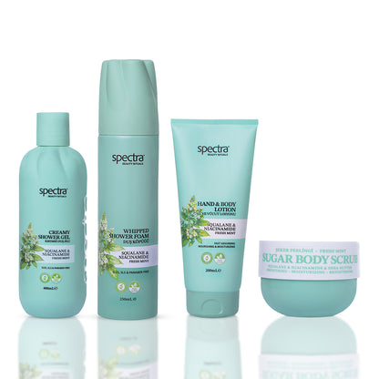 Fresh Mint 4'lü Vegan Bakım Seti, Köpük + Duş Jeli + Şeker Peelingi + Vücut Losyonu - 1