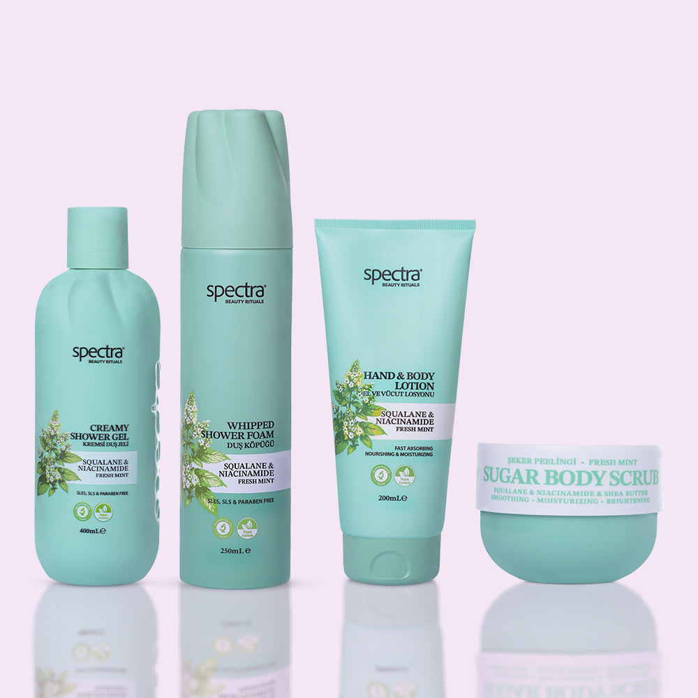 Fresh Mint 4'lü Vegan Bakım Seti, Köpük + Duş Jeli + Şeker Peelingi + Vücut Losyonu - 2