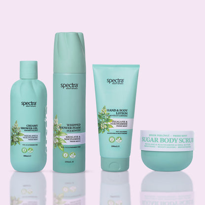 Fresh Mint 4'lü Vegan Bakım Seti, Köpük + Duş Jeli + Şeker Peelingi + Vücut Losyonu - 2