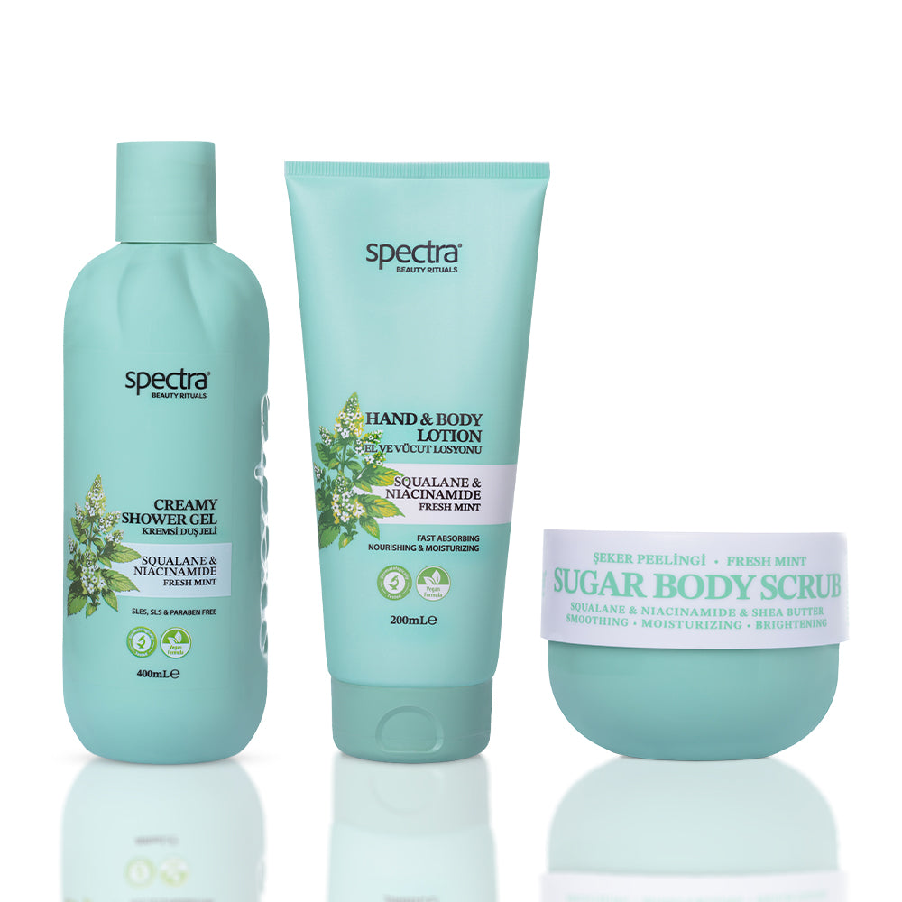 Fresh Mint Nane Kokulu 3'lü Vegan Bakım Seti, Duş Jeli + Şeker Peelingi + Vücut Losyonu - 1