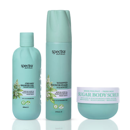 Fresh Mint Nane Kokulu 3'lü Vegan Bakım Seti, Duş Köpüğü + Duş Jeli + Şeker Peelingi - 1