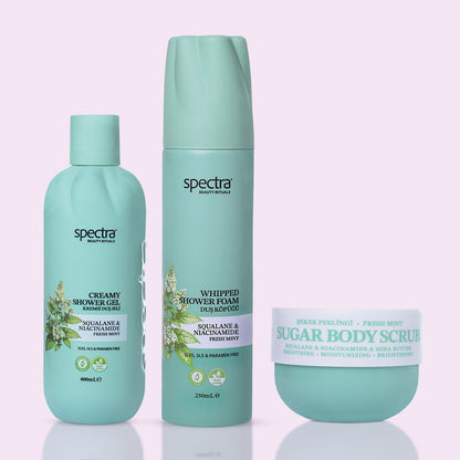 Fresh Mint Nane Kokulu 3'lü Vegan Bakım Seti, Duş Köpüğü + Duş Jeli + Şeker Peelingi - 2