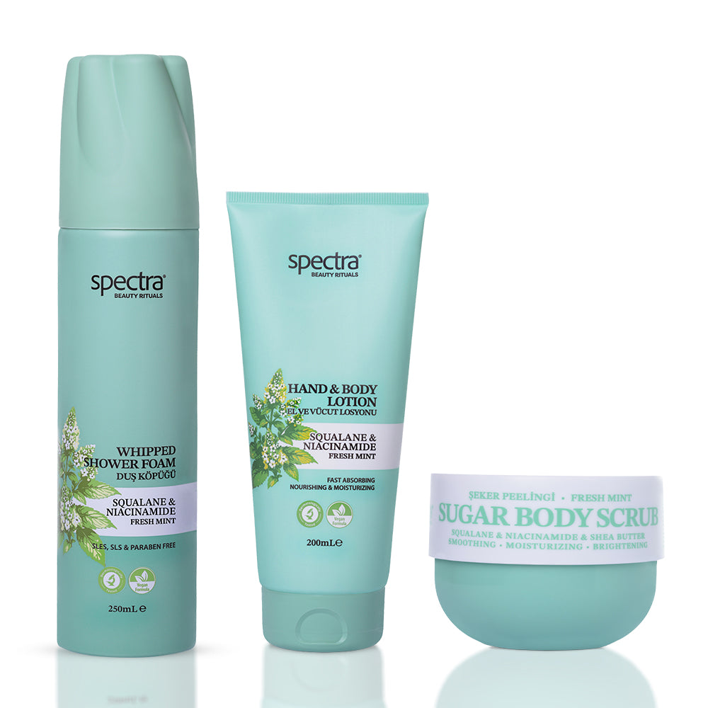 Fresh Mint Nane Kokulu 3'lü Vegan Set, Duş Köpüğü + Şeker Peelingi + Vücut Losyonu - 1