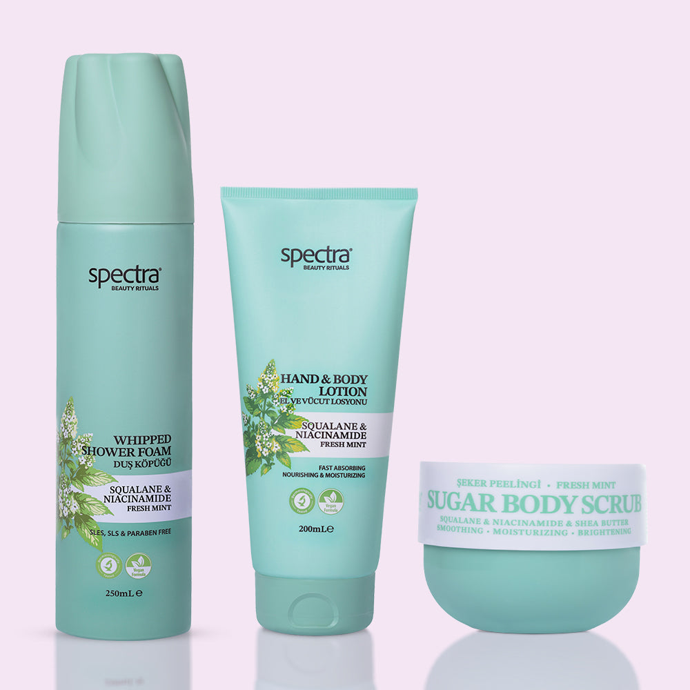 Fresh Mint Nane Kokulu 3'lü Vegan Set, Duş Köpüğü + Şeker Peelingi + Vücut Losyonu - 2