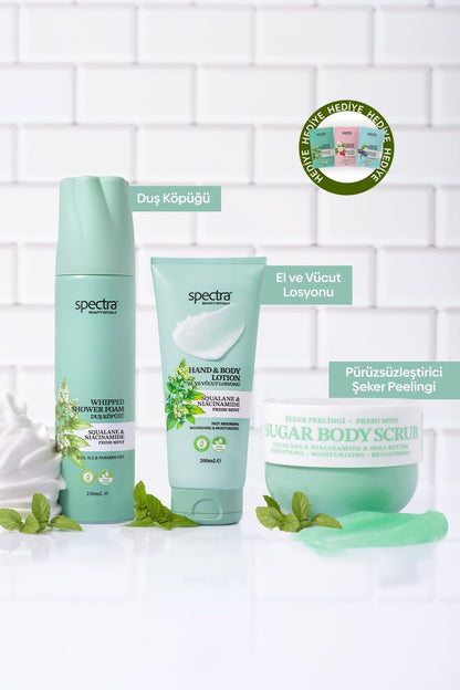 Fresh Mint Nane Kokulu 3'lü Vegan Set, Duş Köpüğü + Şeker Peelingi + Vücut Losyonu - 3