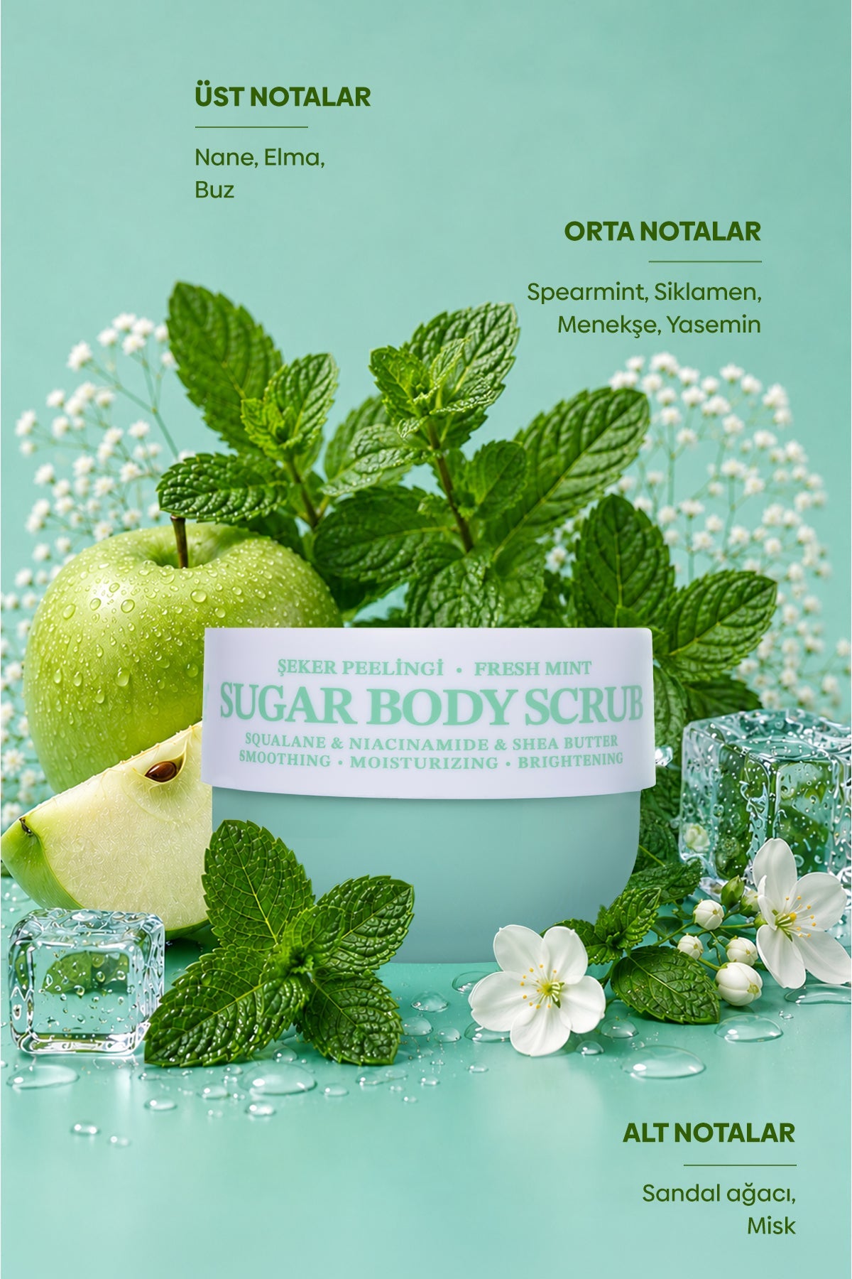 Fresh Mint Nane Kokulu Vegan Şeker Peelingi, Pürüzsüzleştirici Vücut Scrub 330 gram - 6