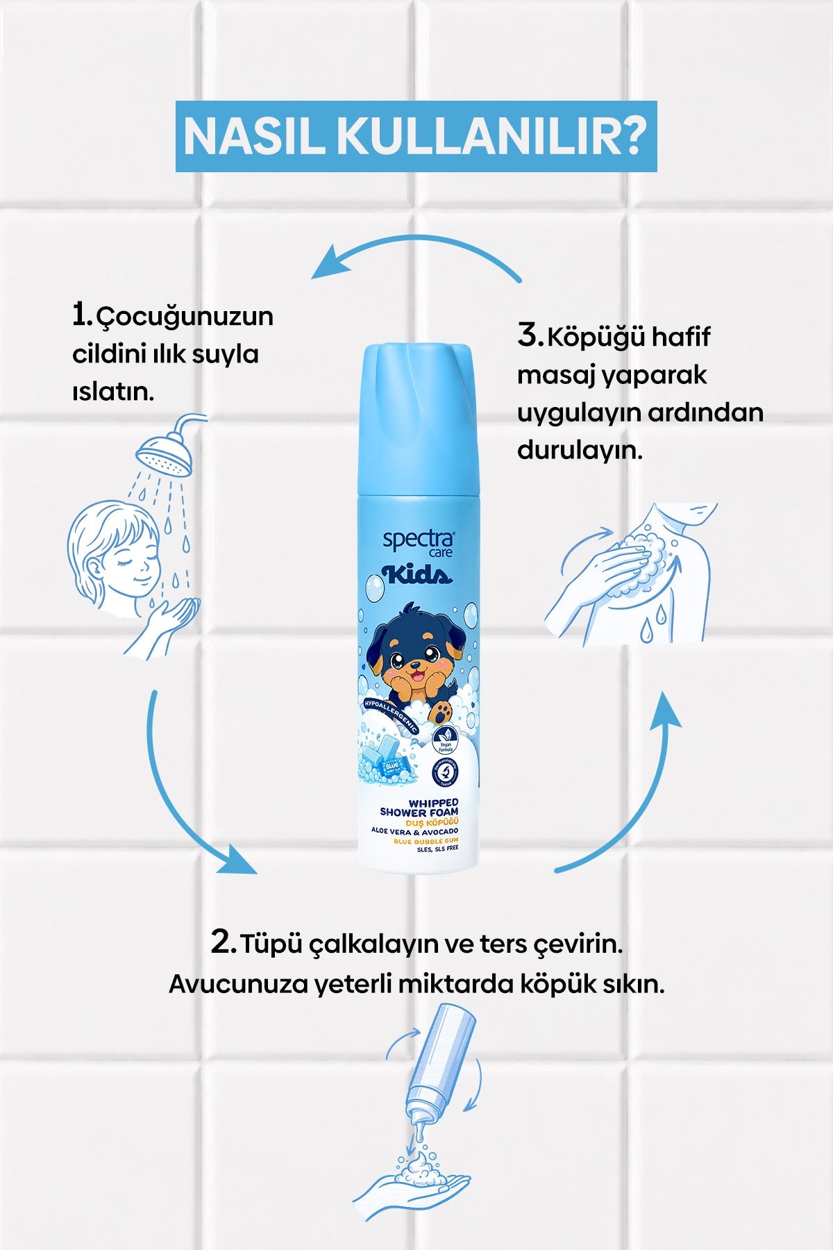 Kids Blue Bubble Gum 3'lü Nemlendirici Vegan Whipped Çocuk Duş Köpüğü Seti, 3 x 250 ml - 6