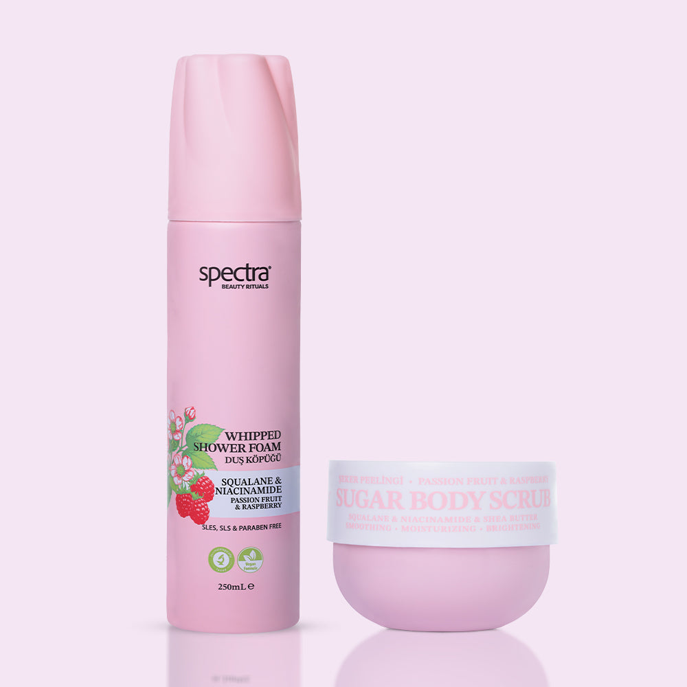 Raspberry&Passion Fruit 2'li Vegan Bakım Seti - Kremsi Duş Köpüğü & Şeker Peelingi