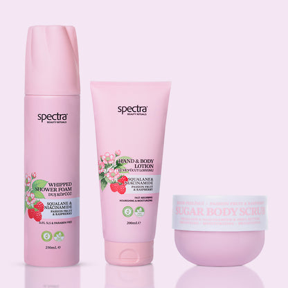 Raspberry&Passion Fruit 3'lü Bakım Seti - Duş Köpüğü & Vücut Losyonu & Şeker Peelingi
