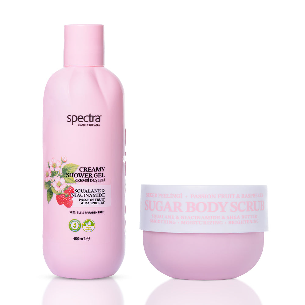 Raspberry & Passion Fruit 2'li Vegan Duş Bakım Seti, Duş Jeli + Şeker Peelingi 330 gr - 1
