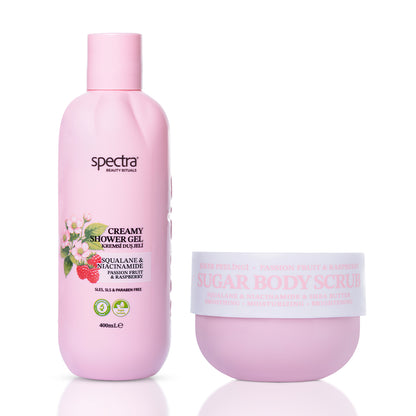 Raspberry & Passion Fruit 2'li Vegan Duş Bakım Seti, Duş Jeli + Şeker Peelingi 330 gr - 1