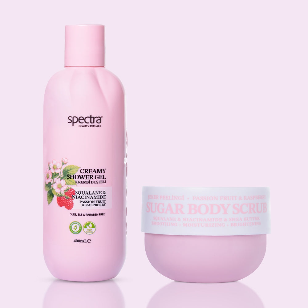 Raspberry & Passion Fruit 2'li Vegan Duş Bakım Seti, Duş Jeli + Şeker Peelingi 330 gr - 2