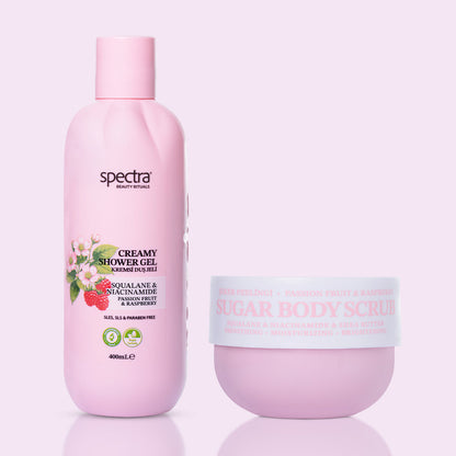 Raspberry & Passion Fruit 2'li Vegan Duş Bakım Seti, Duş Jeli + Şeker Peelingi 330 gr - 2