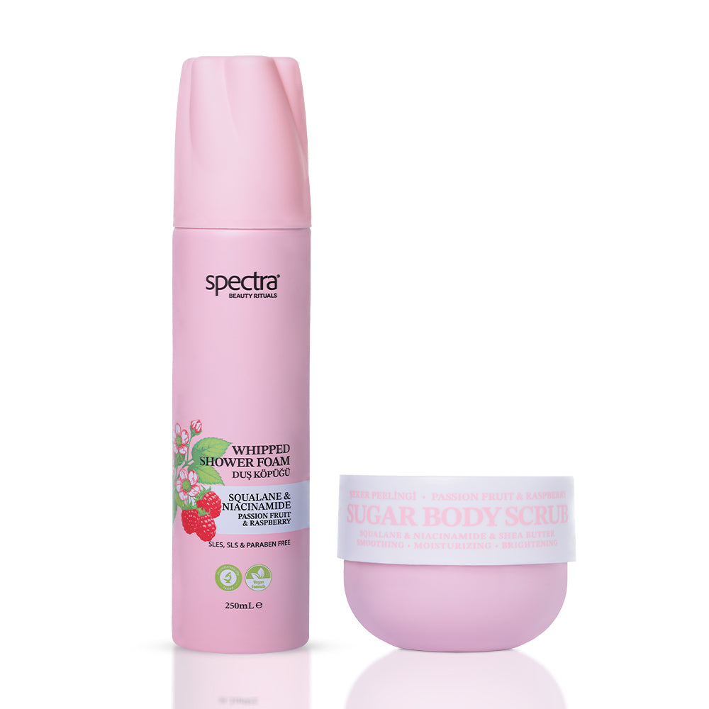 Raspberry & Passion Fruit 2'li Vegan Set, Duş Köpüğü 250 ml + Şeker Peelingi 330 gr - 1