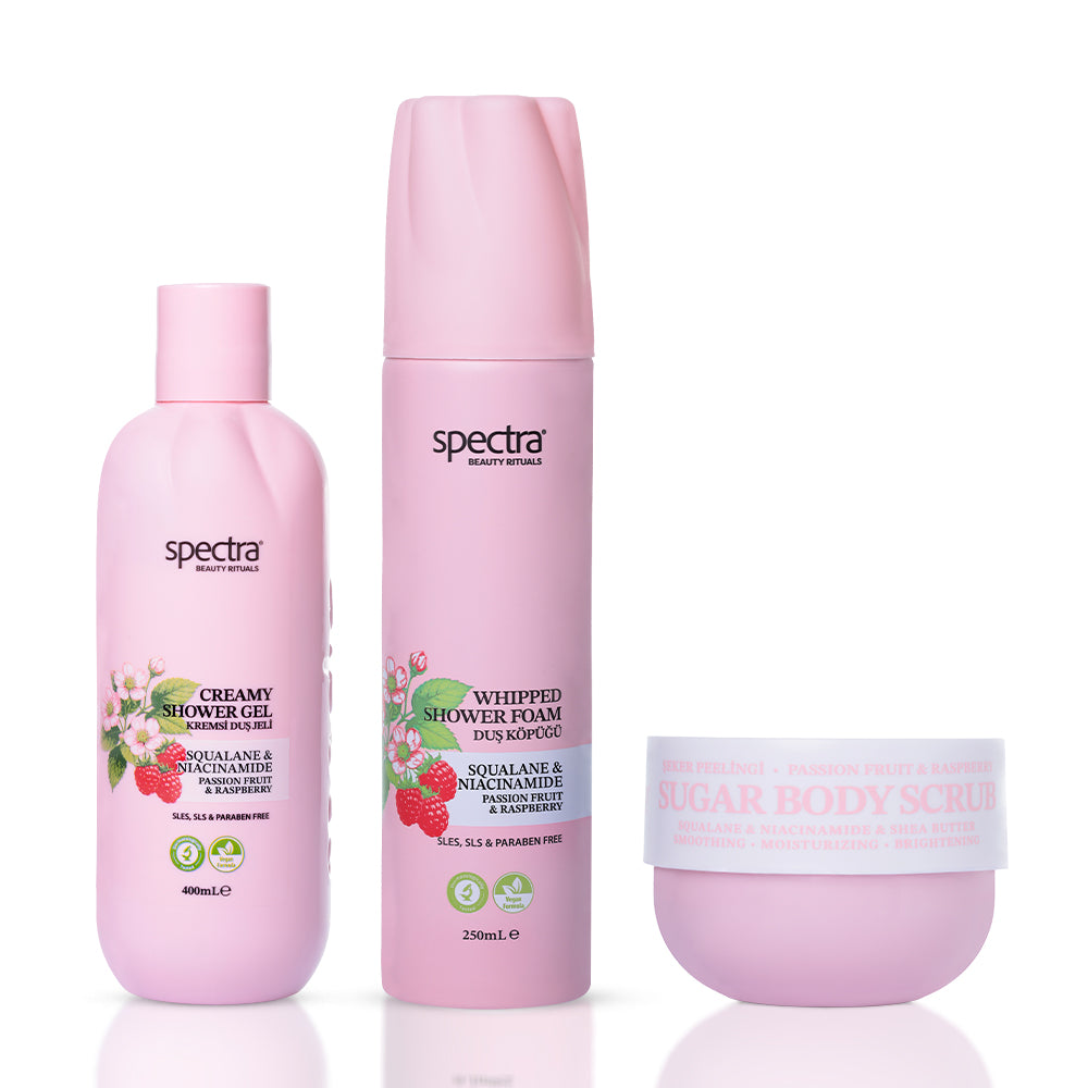 Raspberry & Passion Fruit 3'lü Vegan Bakım Seti, Duş Köpüğü + Duş Jeli + Şeker Peelingi - 1