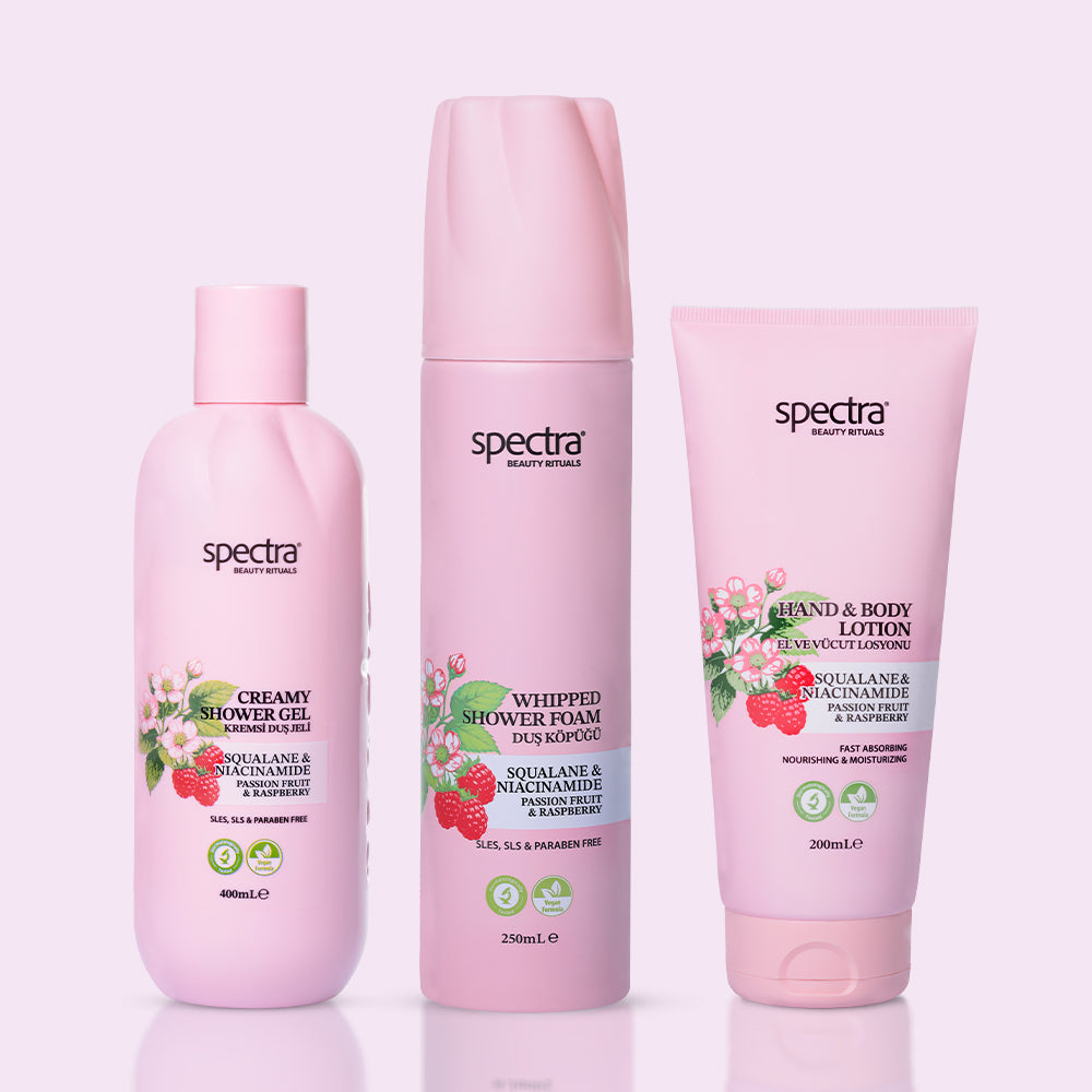 Raspberry & Passion Fruit 3'lü Vegan Bakım Seti, Duş Köpüğü + Duş Jeli + Vücut Losyonu - 2