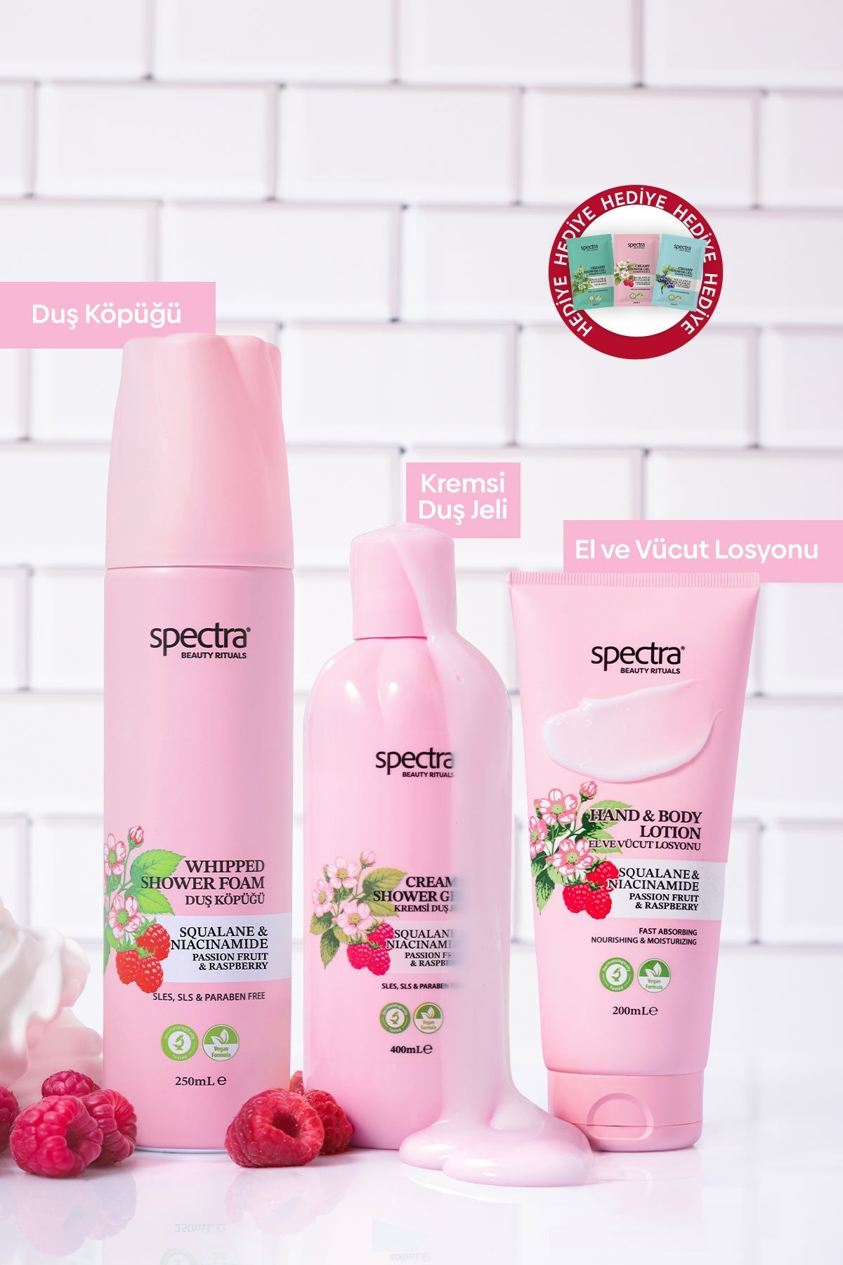 Raspberry & Passion Fruit 3'lü Vegan Bakım Seti, Duş Köpüğü + Duş Jeli + Vücut Losyonu - 3