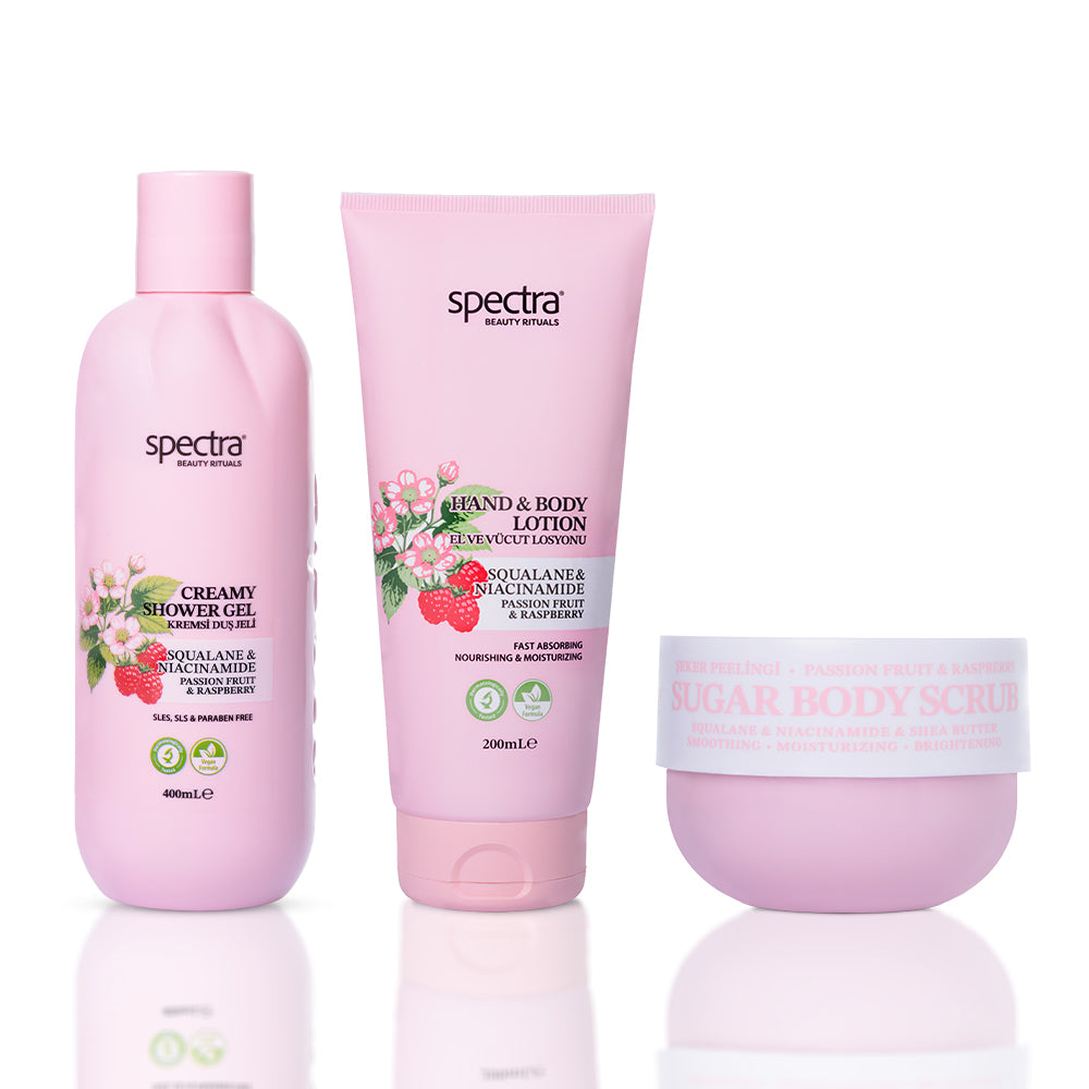 Raspberry & Passion Fruit 3'lü Vegan Set, Duş Jeli + Şeker Peelingi + Vücut Losyonu - 1