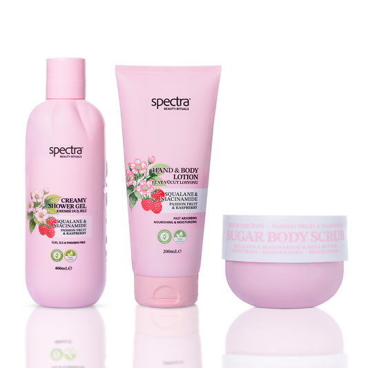 Raspberry & Passion Fruit 3'lü Vegan Set, Duş Jeli + Şeker Peelingi + Vücut Losyonu - 1