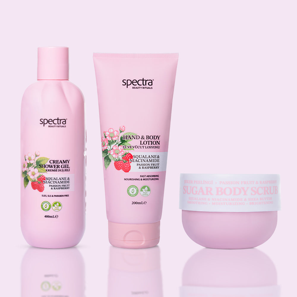Raspberry & Passion Fruit 3'lü Vegan Set, Duş Jeli + Şeker Peelingi + Vücut Losyonu - 2