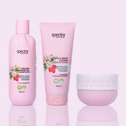 Raspberry & Passion Fruit 3'lü Vegan Set, Duş Jeli + Şeker Peelingi + Vücut Losyonu - 2