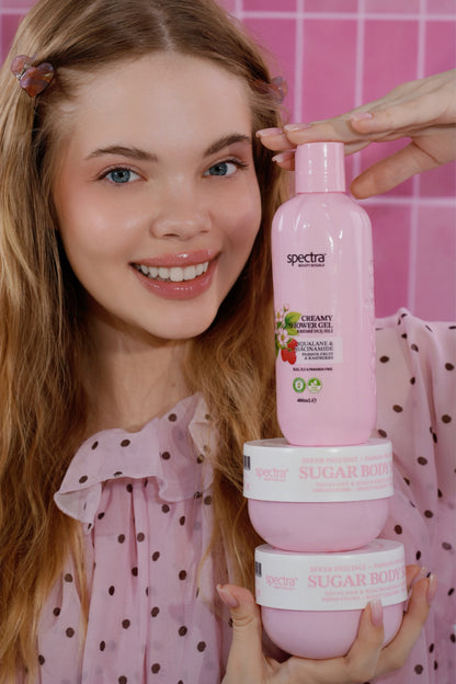 Raspberry & Passion Fruit 3'lü Vegan Set, Duş Jeli + Şeker Peelingi + Vücut Losyonu - 4