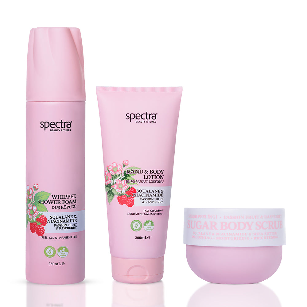 Raspberry & Passion Fruit 3'lü Vegan Set, Duş Köpüğü + Şeker Peelingi + Vücut Losyonu - 1