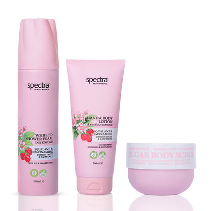 Raspberry & Passion Fruit 3'lü Vegan Set, Duş Köpüğü + Şeker Peelingi + Vücut Losyonu - 1