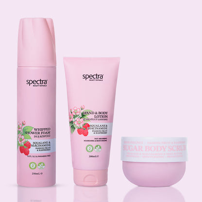 Raspberry & Passion Fruit 3'lü Vegan Set, Duş Köpüğü + Şeker Peelingi + Vücut Losyonu - 2