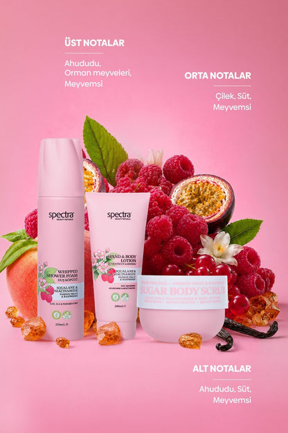 Raspberry & Passion Fruit 3'lü Vegan Set, Duş Köpüğü + Şeker Peelingi + Vücut Losyonu - 6