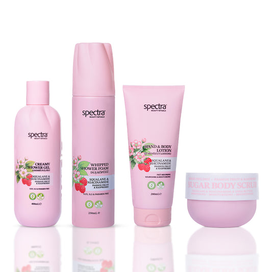 Raspberry & Passion Fruit 4'lü Vegan Set, Köpük + Duş Jeli + Şeker Peelingi + Losyon - 1