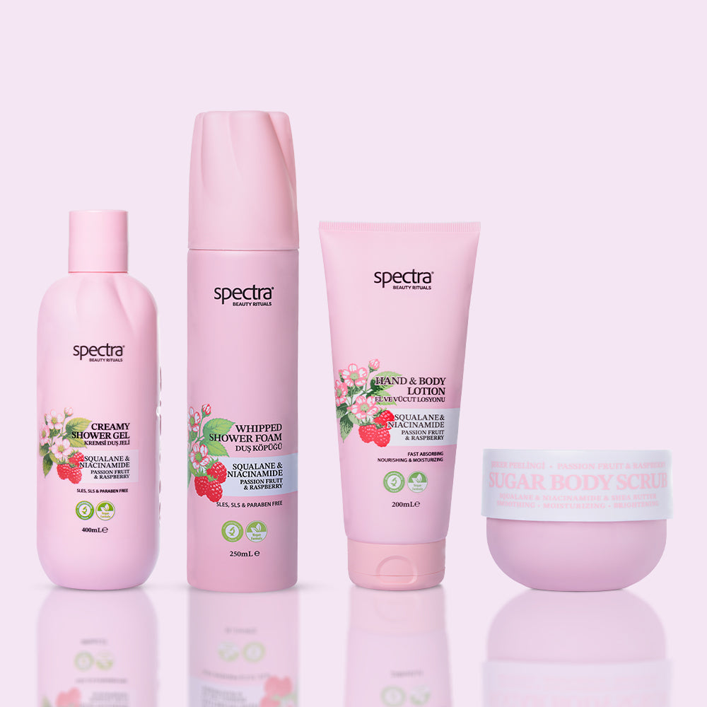 Raspberry & Passion Fruit 4'lü Vegan Set, Köpük + Duş Jeli + Şeker Peelingi + Losyon - 2
