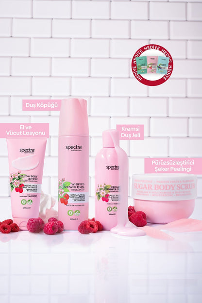 Raspberry & Passion Fruit 4'lü Vegan Set, Köpük + Duş Jeli + Şeker Peelingi + Losyon - 3