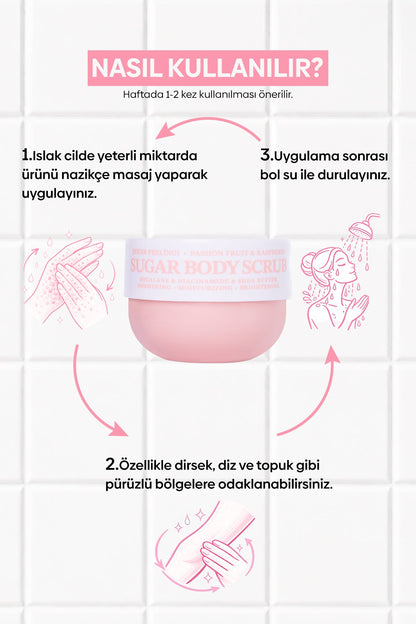 Raspberry & Passion Fruit Vegan Şeker Peelingi, Pürüzsüzleştirici Vücut Scrub 330 gr - 8