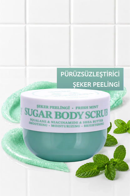 Pürüzsüzleştirici ve Nemlendirici Vegan Şeker Peelingi -Fresh Mint- Body Scrub 330 gr