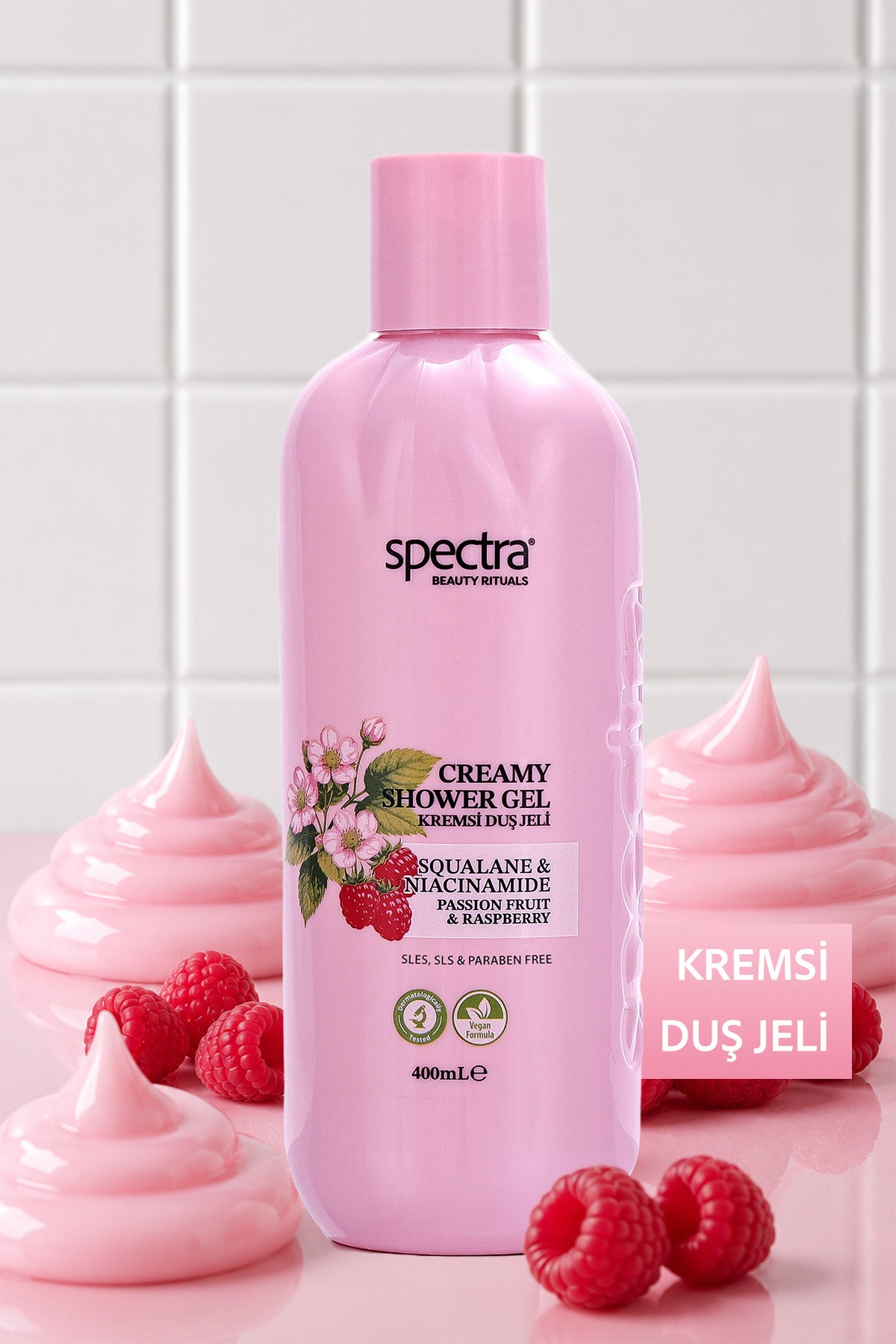 Nemlendirici Kremsi Vegan Duş Jeli -Raspberry&Passion Fruit- SLES&SLS&Paraben içermez- 400 ML